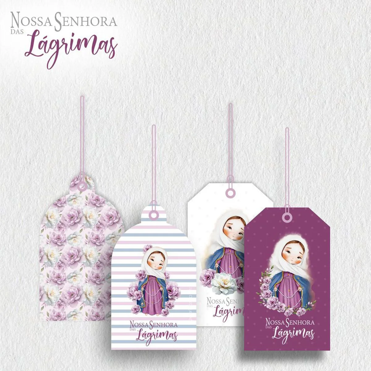 Quatro etiquetas decorativas suspensas com ilustrações de flores e uma figura religiosa feminina.