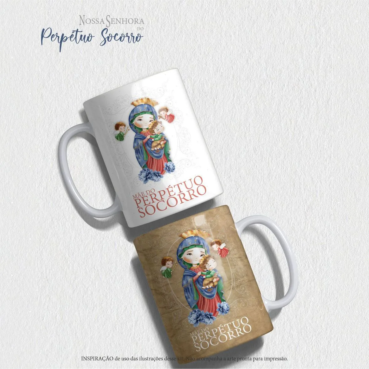 Duas canecas brancas com estampa religiosa de ilustração infantil com figuras santas.