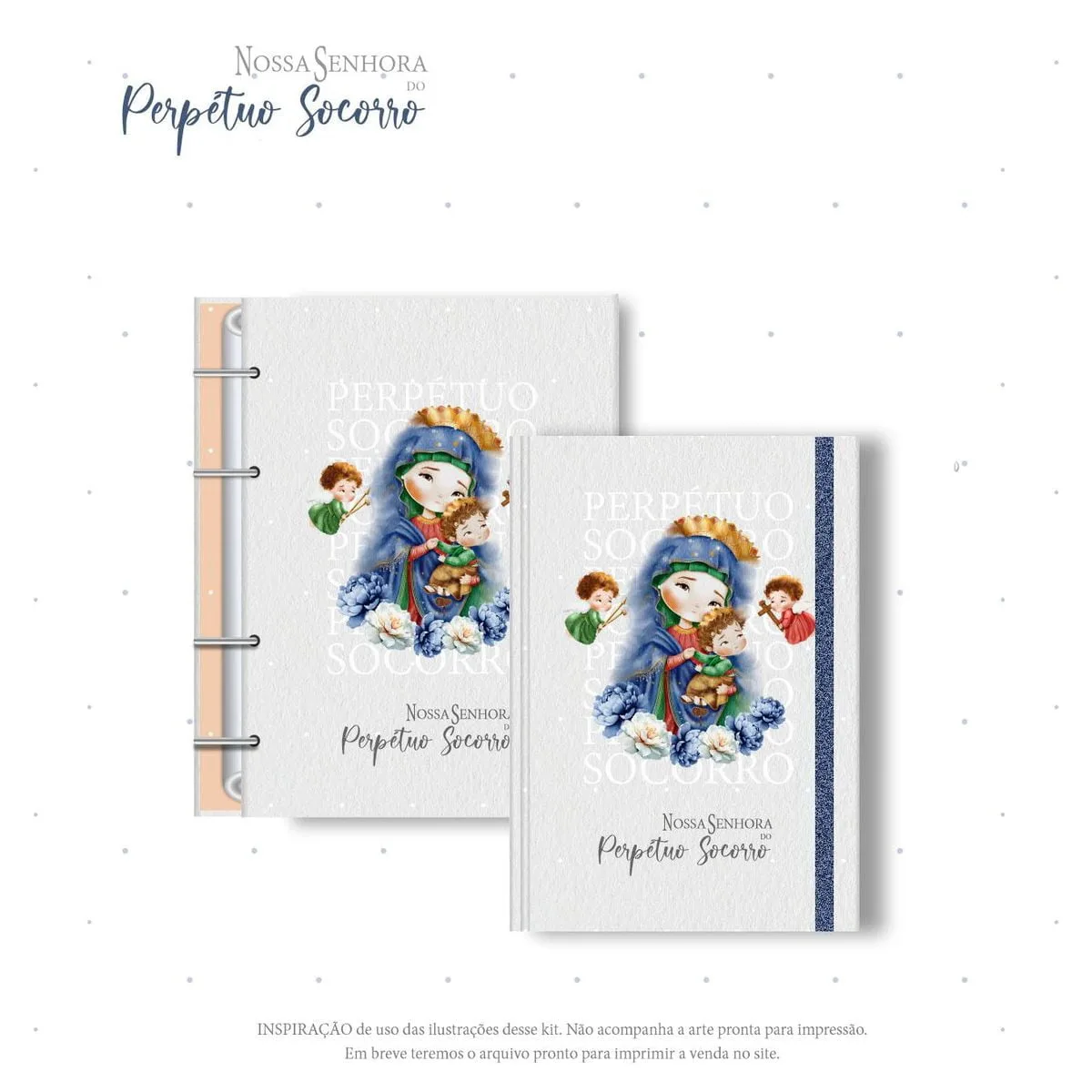 Dois cadernos decorados com ilustração religiosa e flores azuis na capa