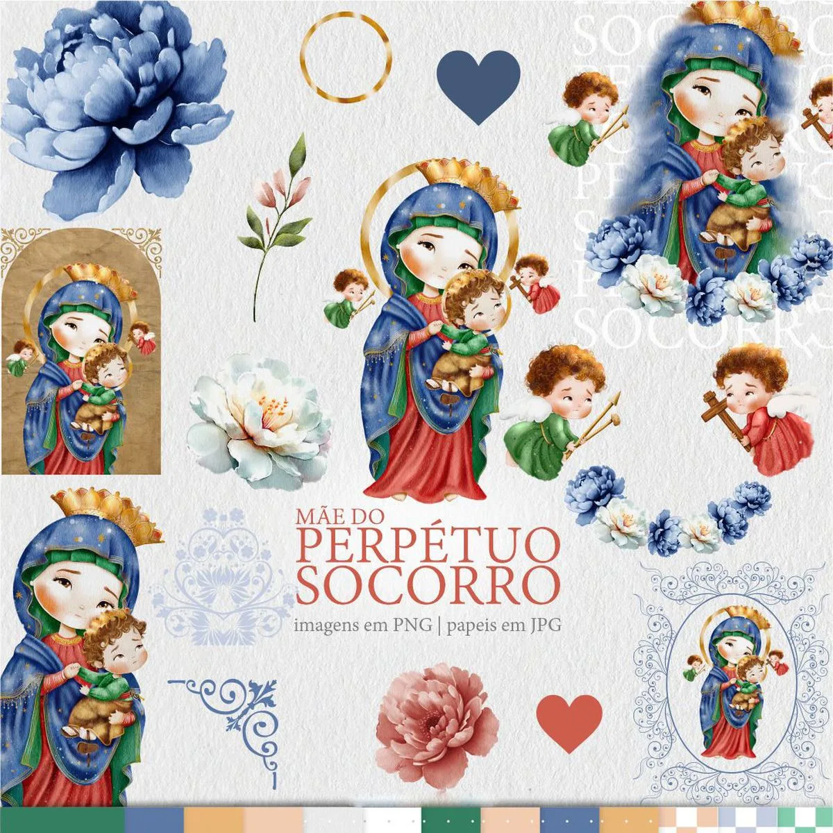 Ilustrações em aquarela com figuras religiosas, flores azuis e anjos.