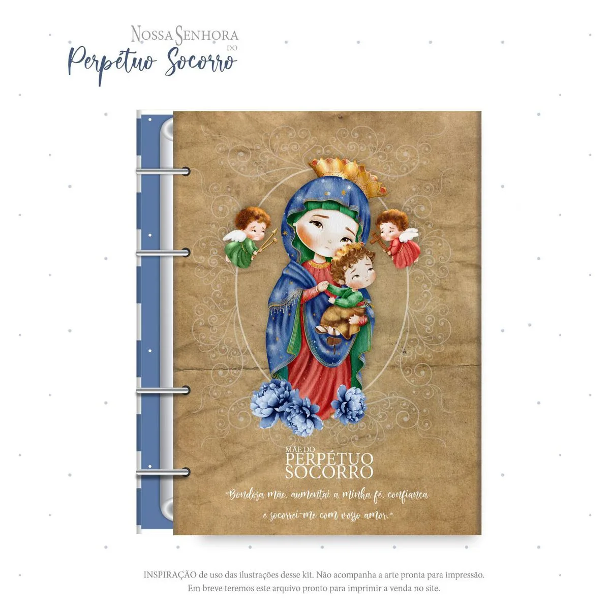 Capa de caderno ilustrada com figuras religiosas em tons de azul, marrom e dourado.