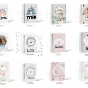 Coleção de doze cadernetas em espiral com capas ilustradas com temas infantis variados.