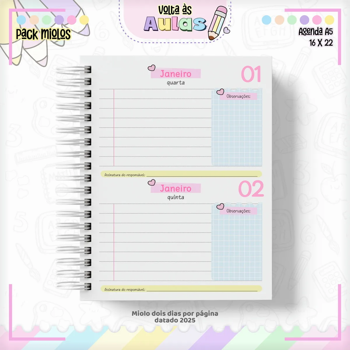 Pack Miolo Agendas Escolares A5 2025 - Arquivo Digital