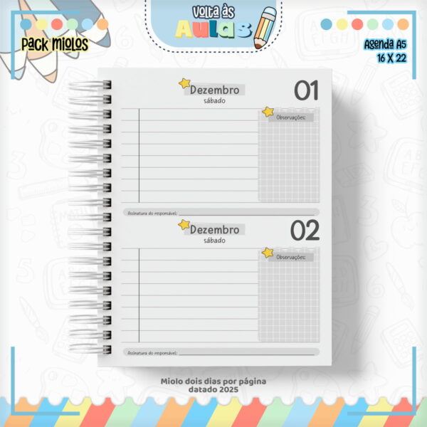 Pack Miolo Agendas Escolares A5 2025 - Arquivo Digital