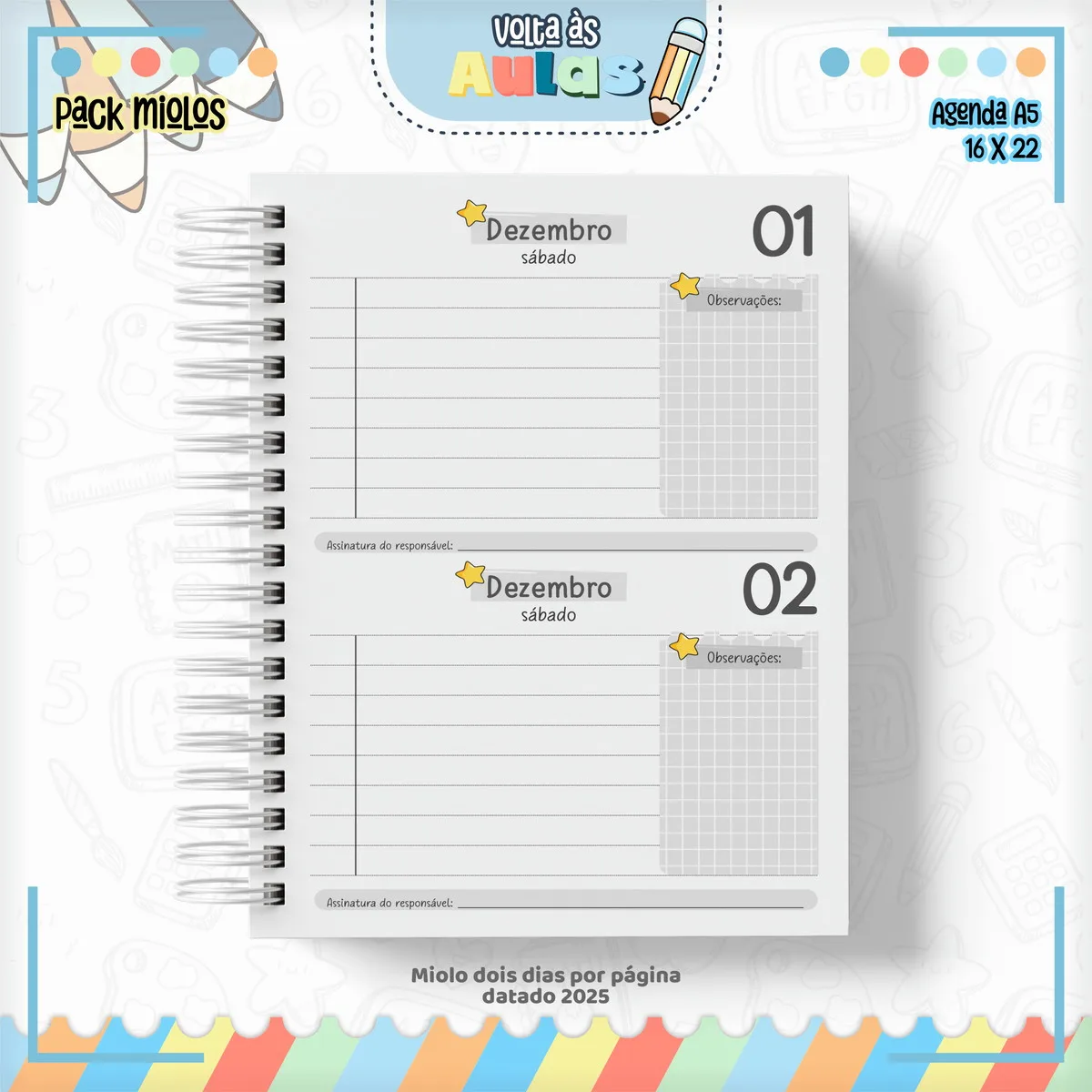 Pack Miolo Agendas Escolares A5 2025 - Arquivo Digital
