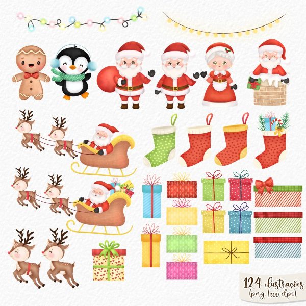 Pack Natal Clássico Ilustrações Fofas Papai Noel + Elementos