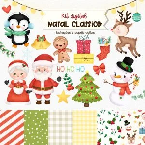 Pack Natal Clássico Ilustrações Fofas Papai Noel + Elementos