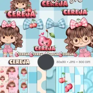 Pacote de Imagens Boneca Cute e Cerejas - Aquarela PNG
