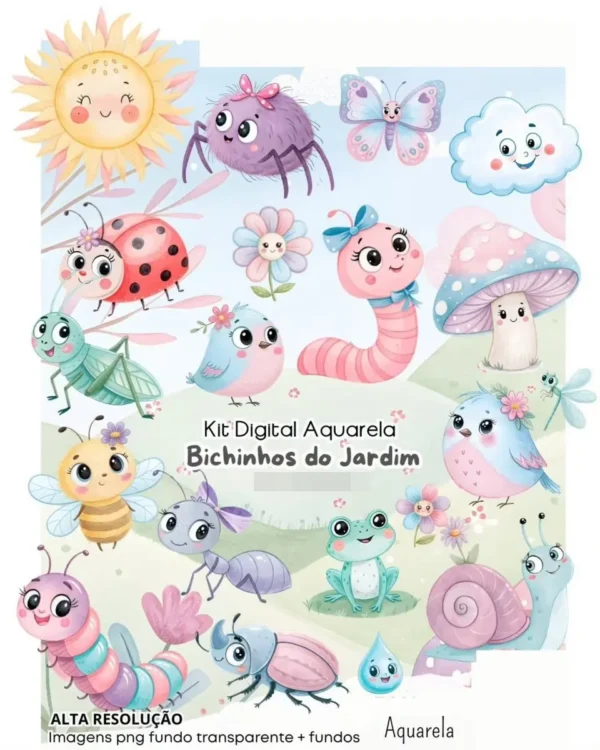 Pacote de Imagens PNG Bichinhos Aquarelados do Jardim