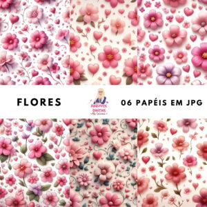 Seis estampas digitais contendo flores rosas e corações sobre fundo claro e suave.