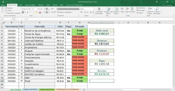 Planilha Controle Finenceiro Pessoal Receitas E Despesas