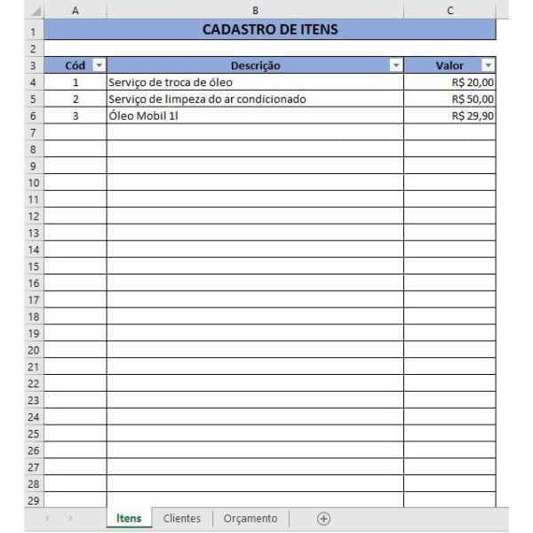 Planilha Excel Modelo Orçamento Produtos e Serviços Simples