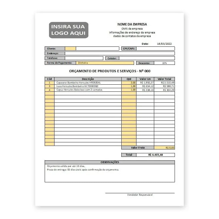 Planilha Excel Modelo Orçamento Produtos e Serviços Simples