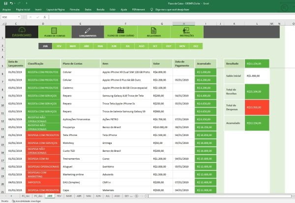 Planilha Fluxo Caixa Metas Lançamentos Relatórios Dashboard