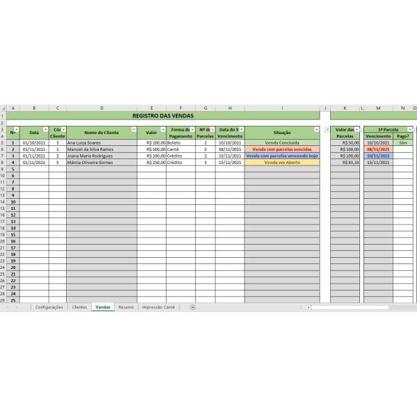 Planilha Gestão De Vendas E Recebimentos Parcelados