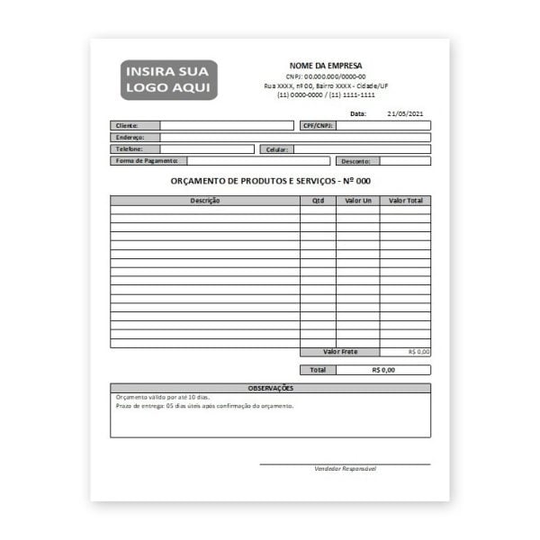 Planilha Modelo Orçamento Serviços e Produtos Em Excel
