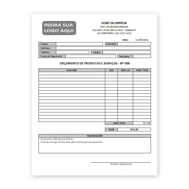 Planilha Modelo Orçamento Serviços e Produtos Em Excel