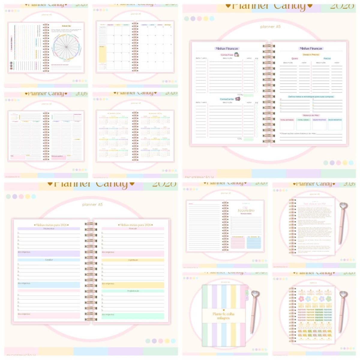 Planner Candy A5 2026 Kit Digital PDF e PNG 2 Apresentação em grade de várias páginas de um planejador digital colorido.