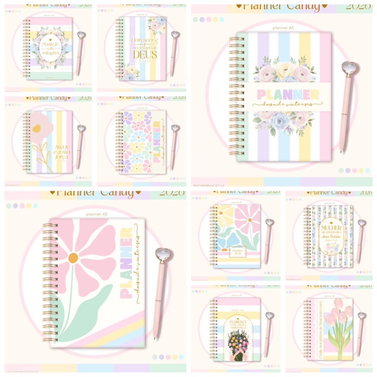 Planner Candy A5 2026 Kit Digital PDF e PNG 1 Grid de 9 designs de planners digitais com canetas combinando, em tons pastéis.