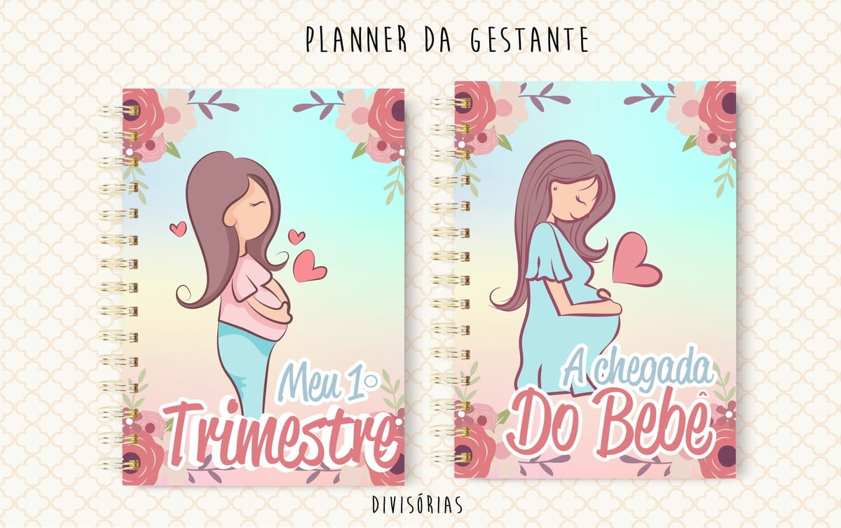 Planner da Gestante para Imprimir com 145 Páginas 2 Duas artes digitais de capas de planner para gestantes com ilustrações e flores.