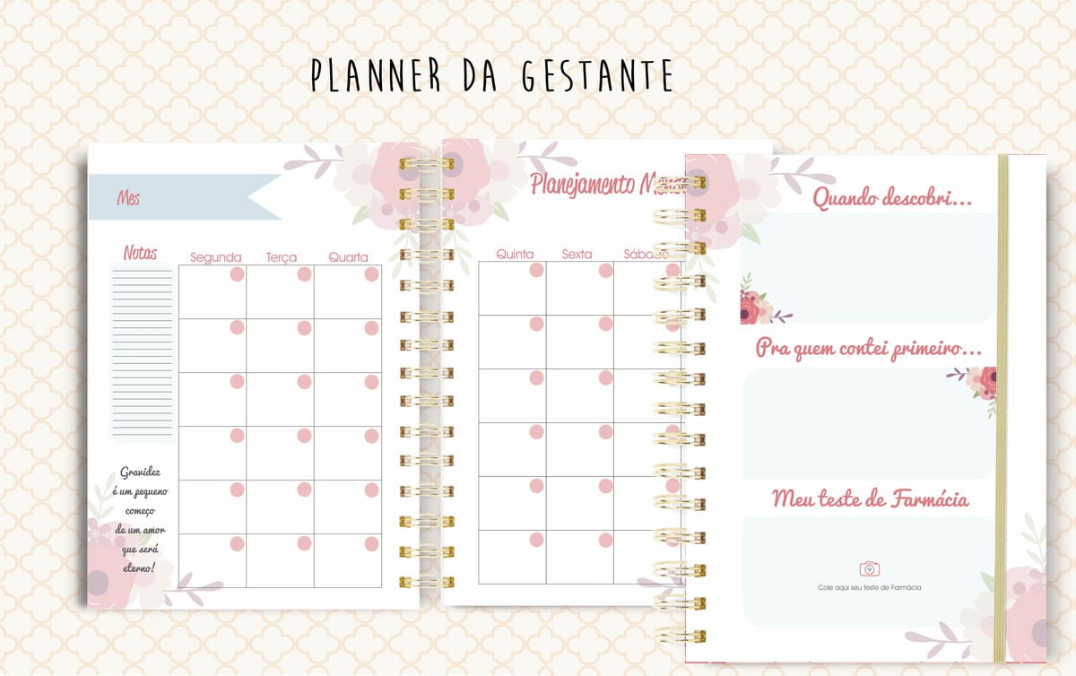 Planner da Gestante para Imprimir com 145 Páginas 3 Planner digital de gestante aberto com calendário, notas e seções de marcos da gravidez.