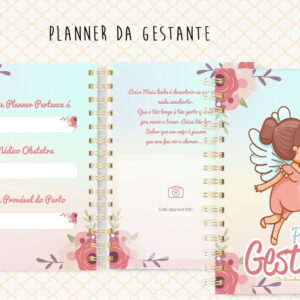 Planner digital aberto para gestantes com ilustração de anjo e flores.