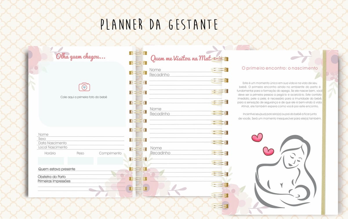 Planner da Gestante para Imprimir com 145 Páginas 5 Planner digital aberto para gestante com seções de registro do bebê e visitas.