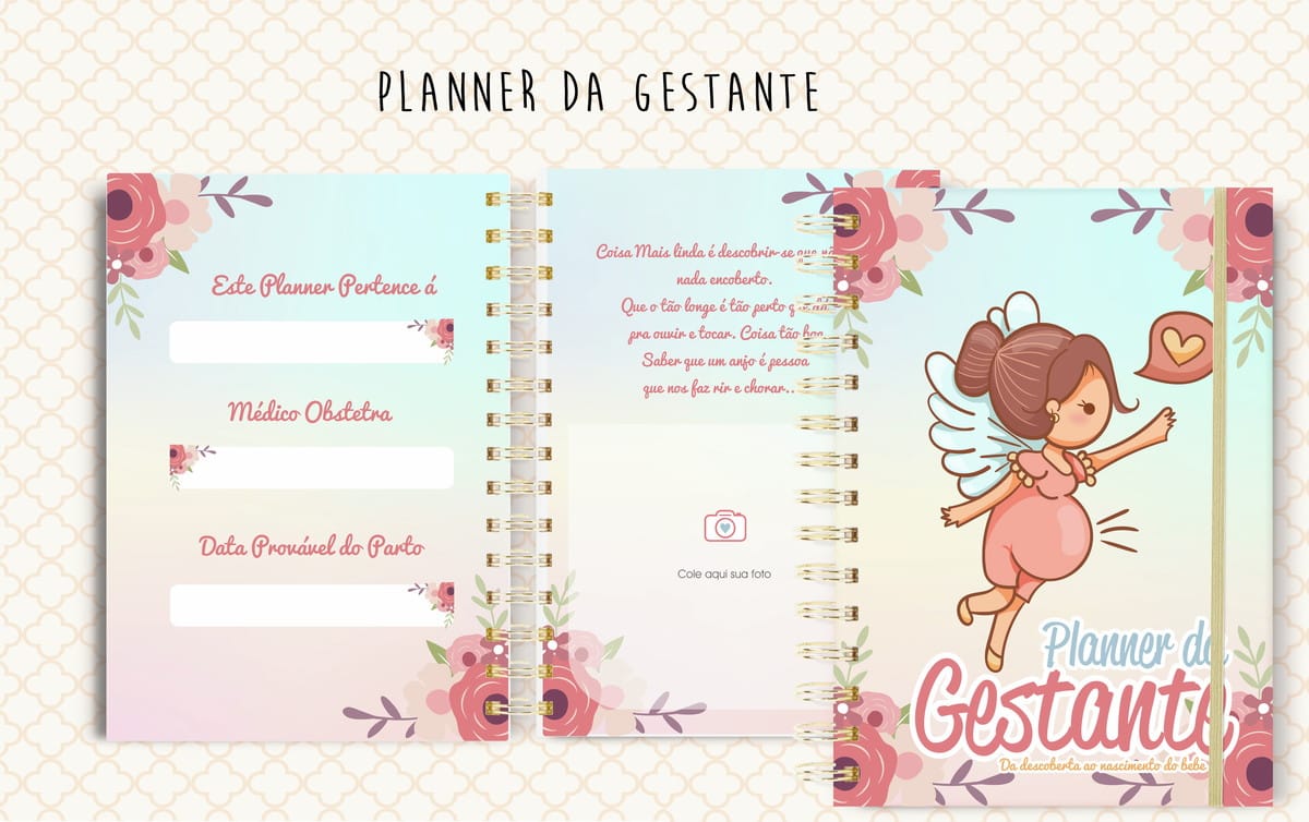 Planner da Gestante para Imprimir com 145 Páginas 1 Planner digital aberto para gestantes com ilustração de anjo e flores.
