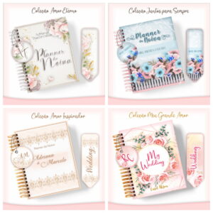 Quatro conjuntos de planners espiralados com capas florais ilustradas sobre fundo rosa.