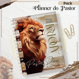 Capa de planner espiral com ilustração de leão e texto em tons dourados.