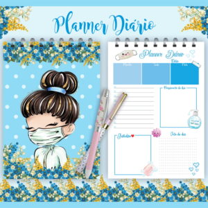 Agenda com ilustração de menina usando máscara sobre fundo azul com poás e flores