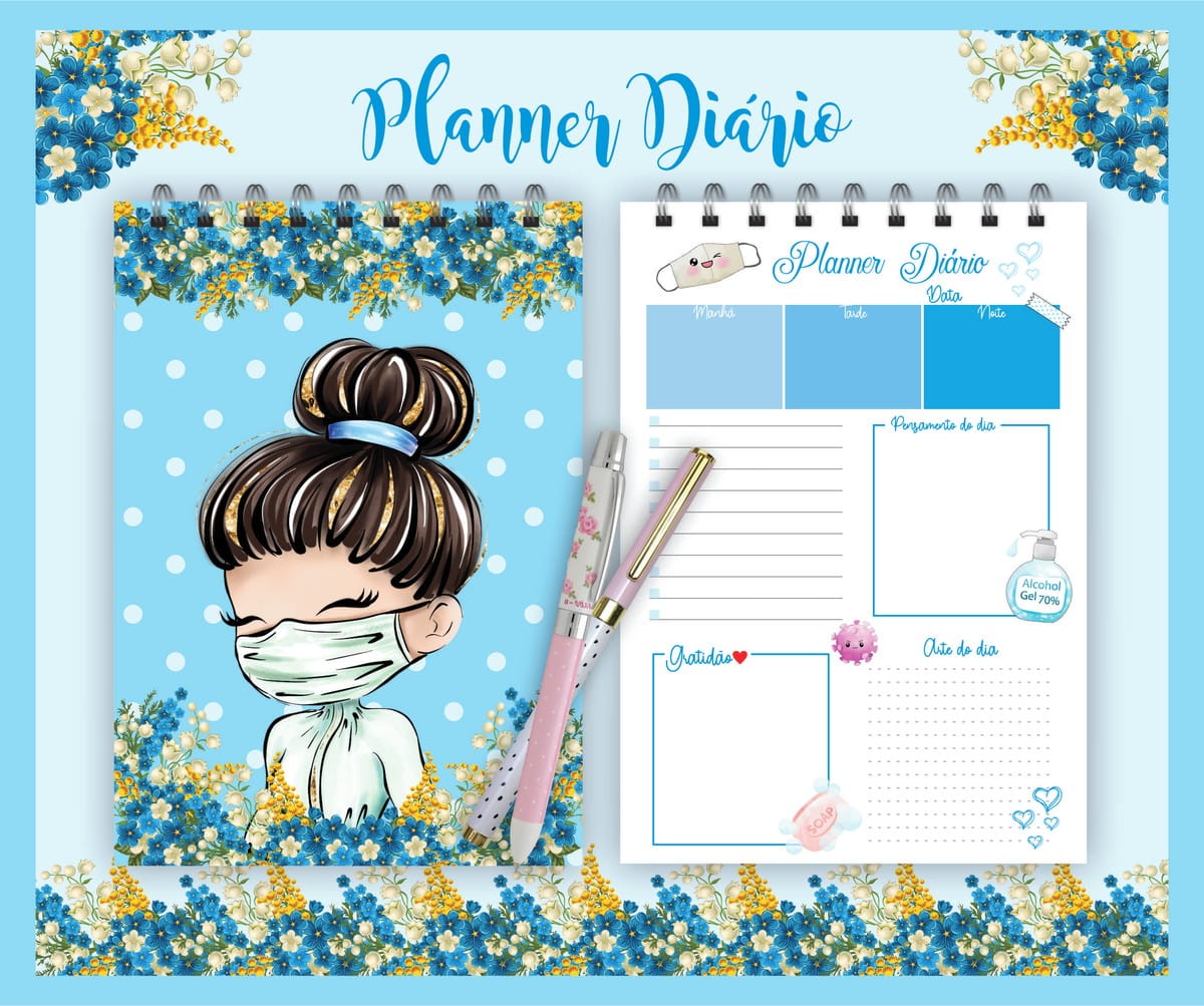 Planner Diário Profissionais da Saúde em Azul para Imprimir 1 Agenda com ilustração de menina usando máscara sobre fundo azul com poás e flores