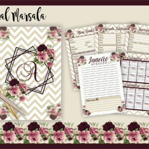 Apresentação de páginas de agenda com estampas florais e listras ziguezague.