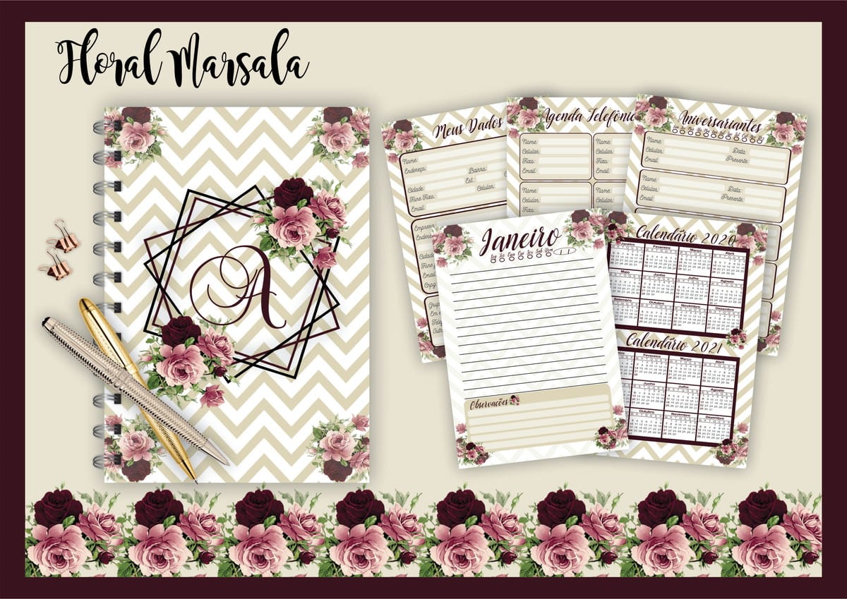 Planner Digital Floral Marsala em PDF e PNG para imprimir 1 Apresentação de páginas de agenda com estampas florais e listras ziguezague.