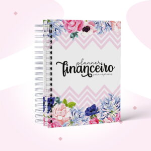 Planner digital financeiro com capa floral e fundo rosa suave.