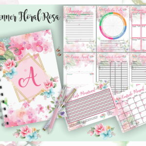 Caderno espiral com capa floral rosa e várias páginas de planner organizador exibidas.