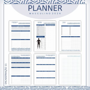 Apresentação de páginas de um planner masculino digital para o ano de 2026.