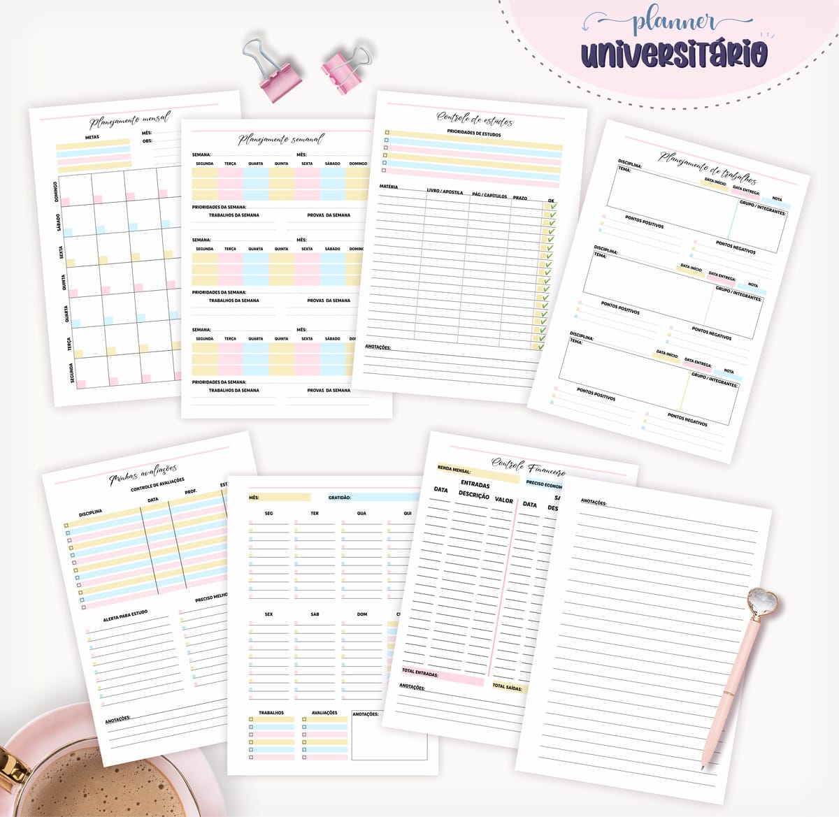 Planner Universitário para Imprimir e Personalizar 2 Folhas de planner digital colorido com cronogramas, tabelas e pautas espalhadas sobre uma mesa.