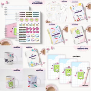 Conjunto de itens digitais incluindo planners, canecas e adesivos com temas escolares.