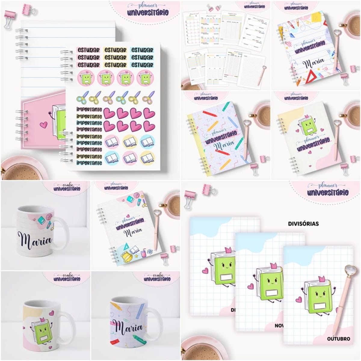 Planner Universitário para Imprimir e Personalizar 1 Conjunto de itens digitais incluindo planners, canecas e adesivos com temas escolares.