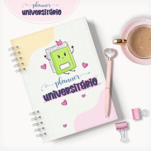Design de planner universitário com livro animado, corações e fundo quadriculado.