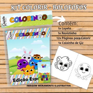 Kit de colorir digital mostrando revista, giz de cera e páginas com criaturas de desenho.