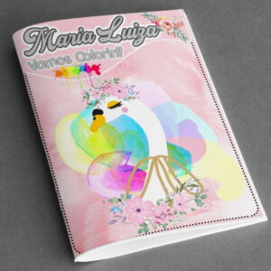 Capa de caderno personalizada com cisne ilustrado, flores e manchas coloridas.