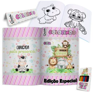 Revista de colorir aberta com tema de animais safári e giz de cera.