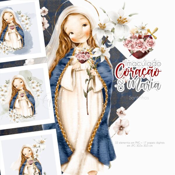 Santinhos Imaculado Coração de Maria Kit Digital em Png