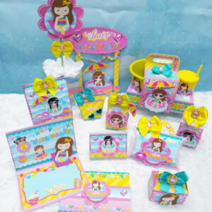 Conjunto de arte digital para festa infantil com tema de piscina e meninas.
