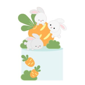 Ilustração de bolo azul claro decorado com coelhos fofos e cenouras laranjas