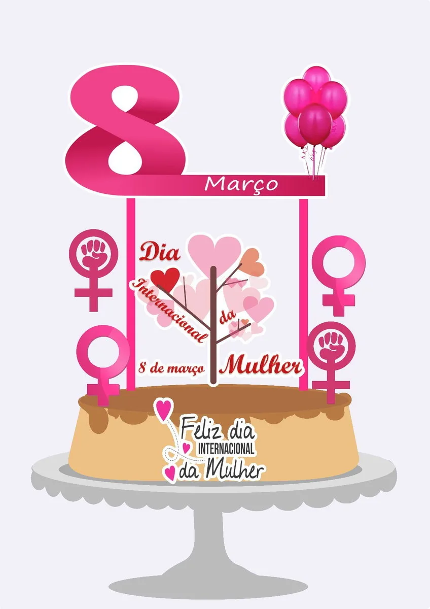 Topo de bolo comemorativo rosa com textos e símbolos feministas em fundo branco