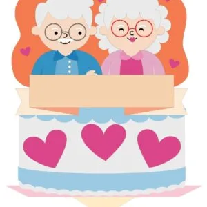 Ilustração de um casal de idosos sorridentes sobre um bolo decorado com corações.