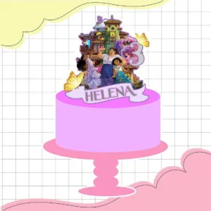 Topo de Bolo Encanto - Arquivo Digital 2 Topo de bolo temático com personagens e castelo sobre um bolo rosa